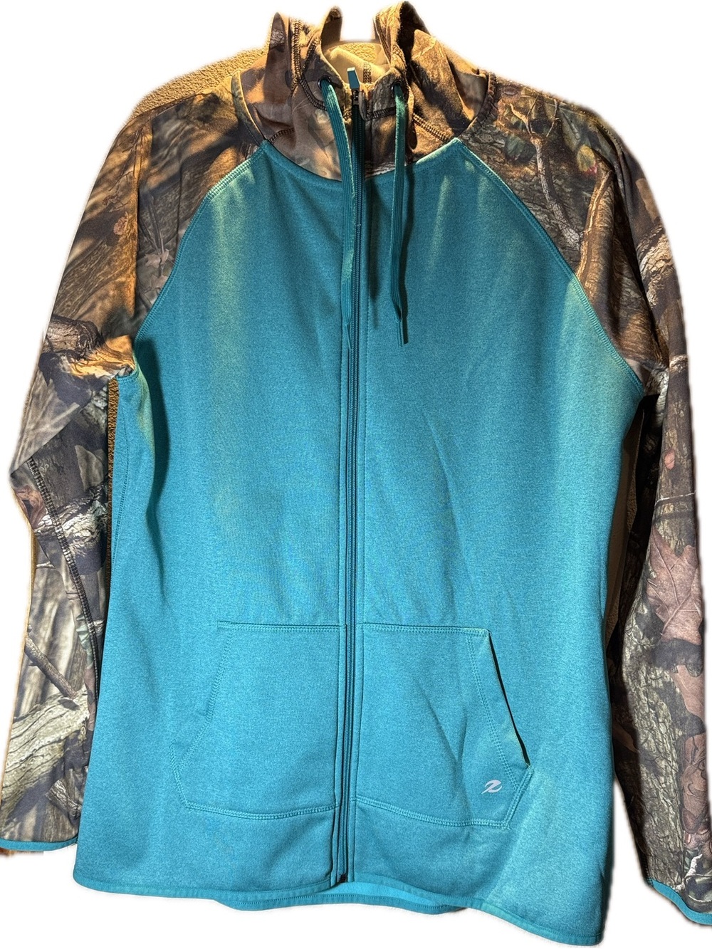 Energy Zone Teal with Camo sleeves Hoodie Womens L
